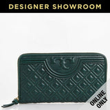 Tory Burch Quilted Nordwood Green Leather Embossed Logo Zip-Around Wallet