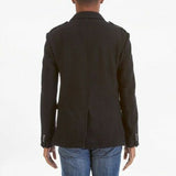 Versace Mens Black Button-Front Wool Jacket with Metallic Accents