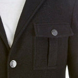 Versace Mens Black Button-Front Wool Jacket with Metallic Accents