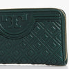 Tory Burch Quilted Nordwood Green Leather Embossed Logo Zip-Around Wallet