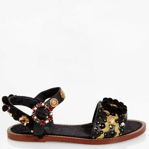 Dolce & Gabbana EUR 37.5/7.5 Womens Leather Crystal Pom Pom Sandals CQ0080 AD381