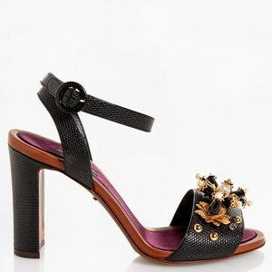 Dolce & Gabbana EUR 39/US 9 Embossed Leather Bejeweled Flower Heels CR0162 AD356